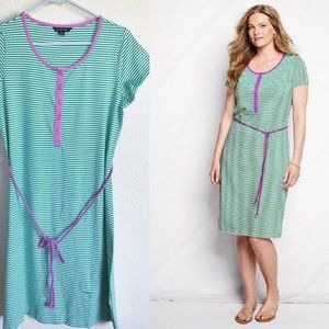 NEW Lands End Knit Henley Tee Shirt Dress W/ Rope Tie M Petite 10 12 NWT Stripe
